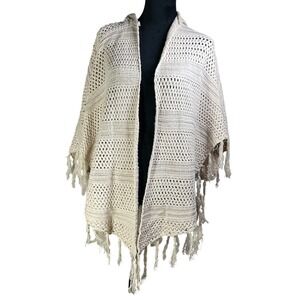 DARE Hooded Crochet Poncho Shawl Cardigan Sweater Fringe S M Beige